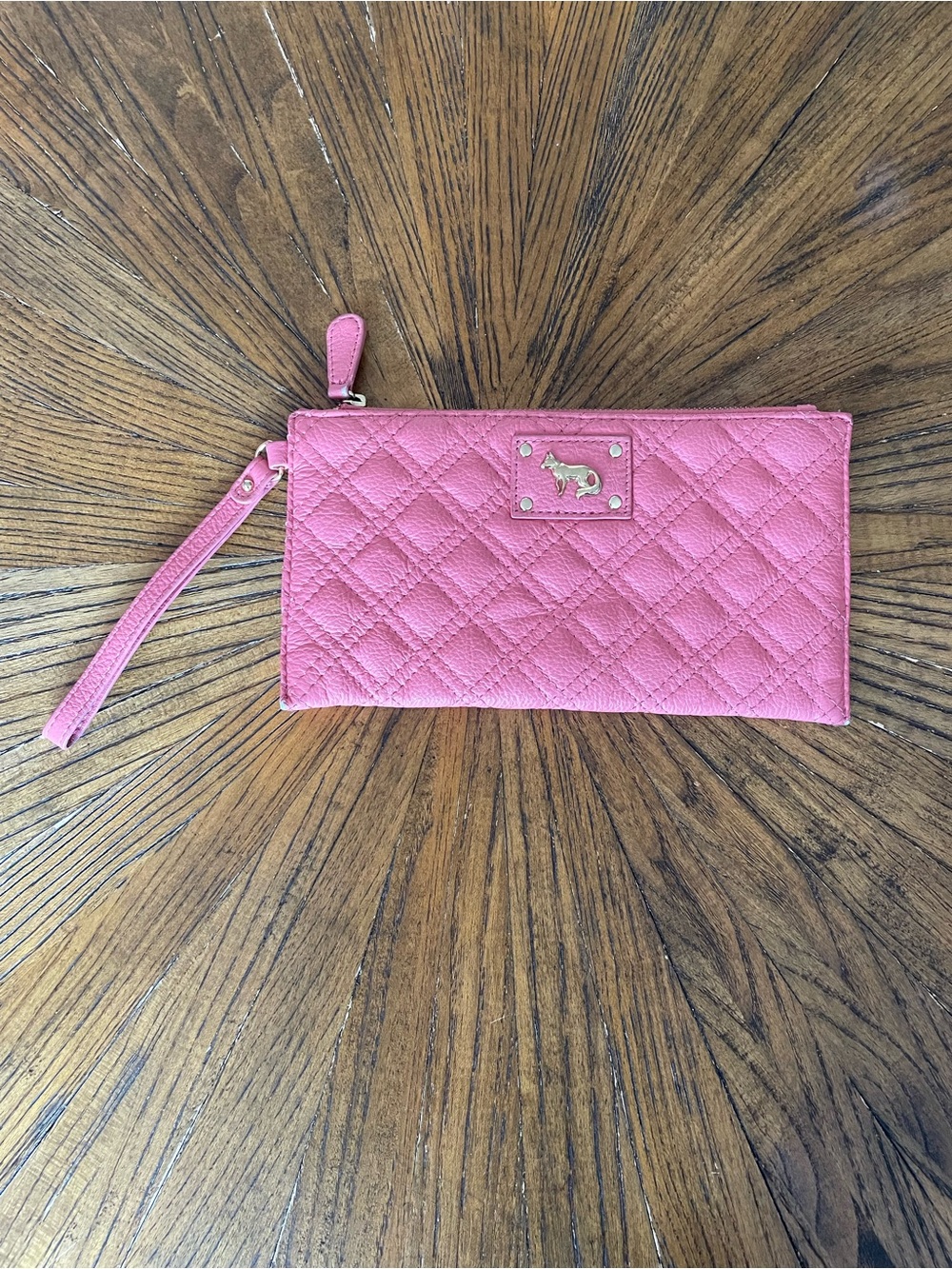 Emma Fox Quilted Pink Leather Cotton Interior Wristlet Clutch with Gold Accent